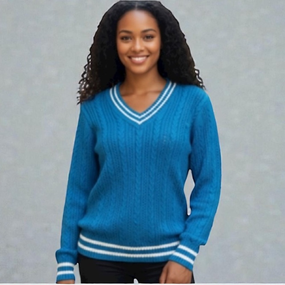 Liz Claiborne sweater sporty Vneck blue and white cable knit sz XL